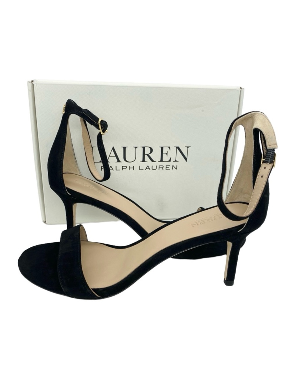 Lauren Ralph Lauren Allie Mid Heel Black Suede Ankle Strap Dress Sandals Size 8